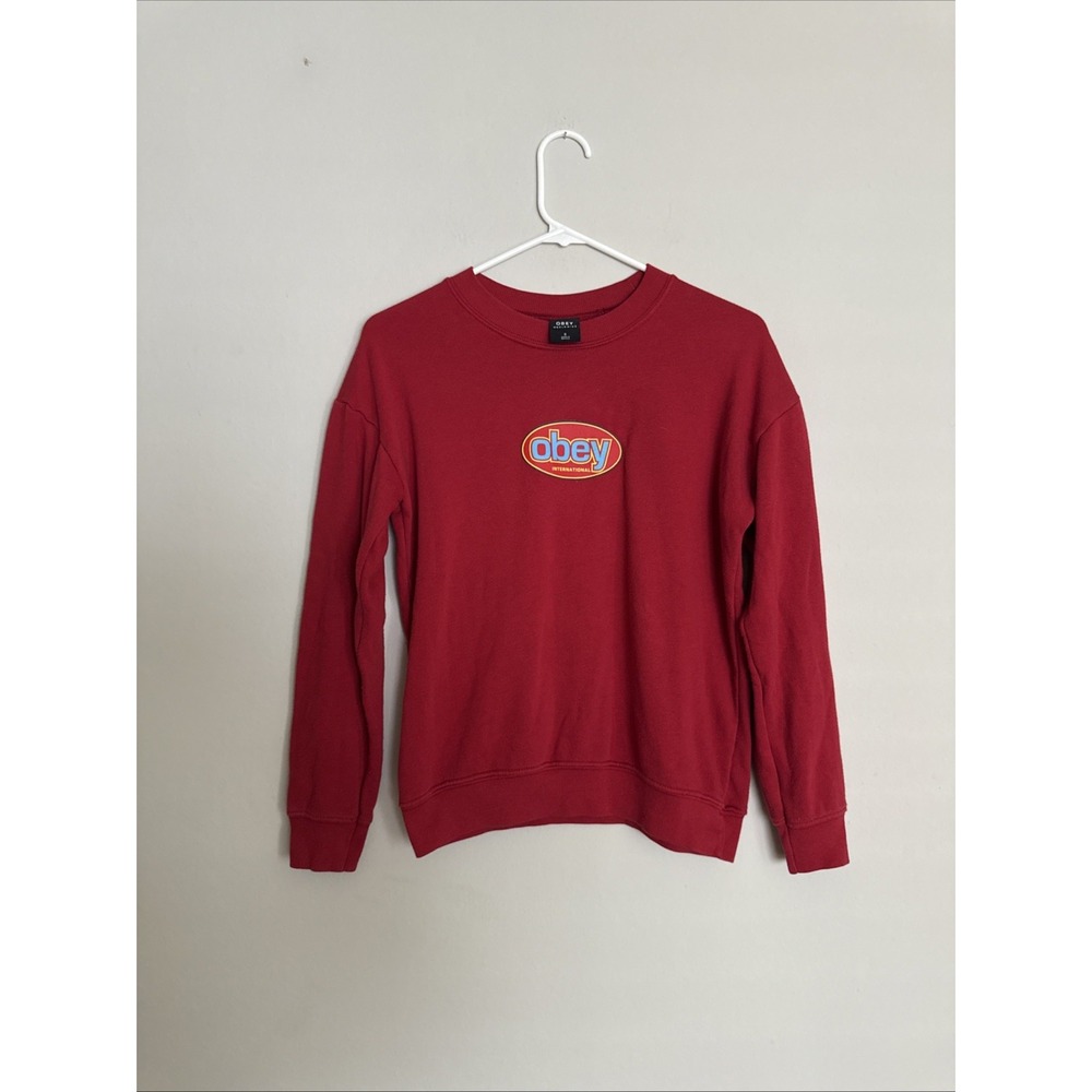 Obey Worldwide Crewneck Sweatshirt Women's Small Burgundy Cotton Long Sleeve